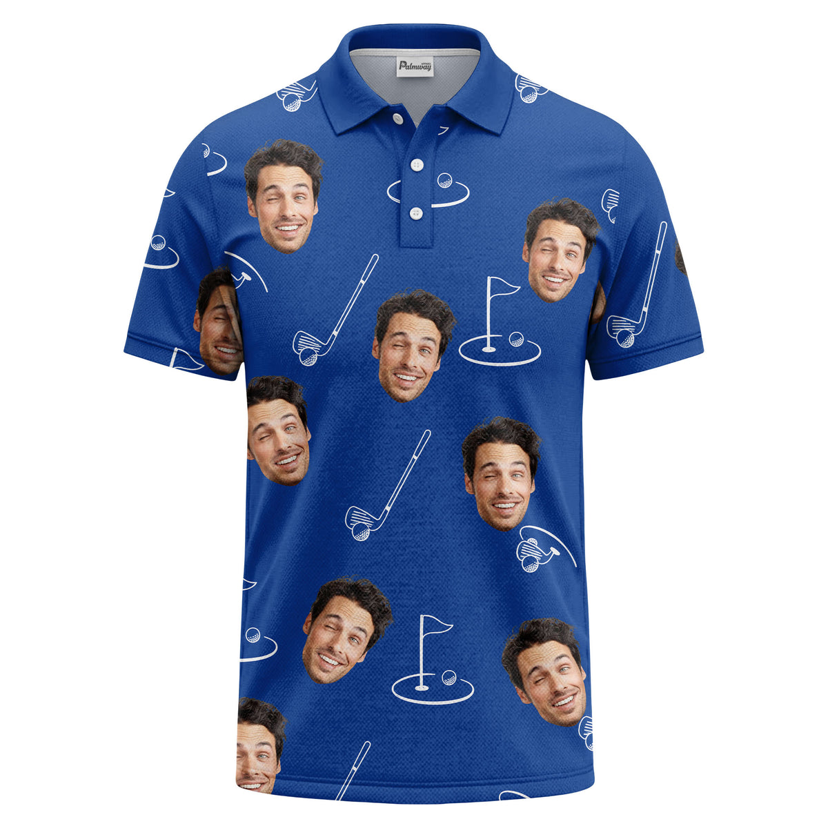 Custom Face Golf Polo Shirt – Royal Blue Personalized Photo & Golf Pattern Polo