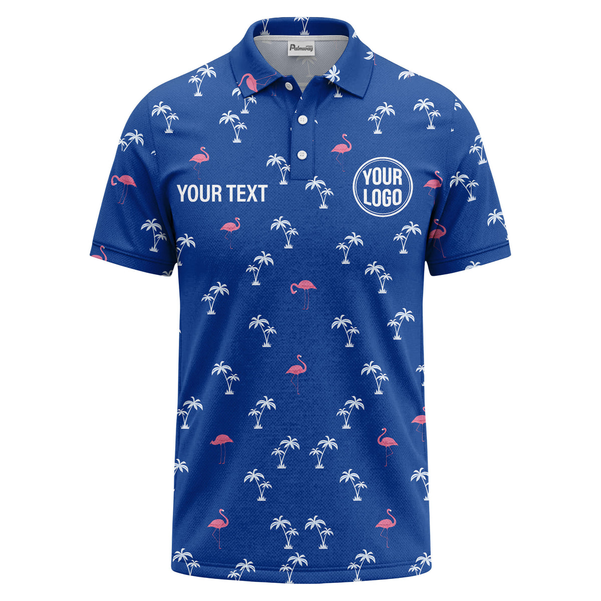 Custom Flamingo & Palm Tree Polo Shirt — Blue Tropical Print with Personalized Logo & Text