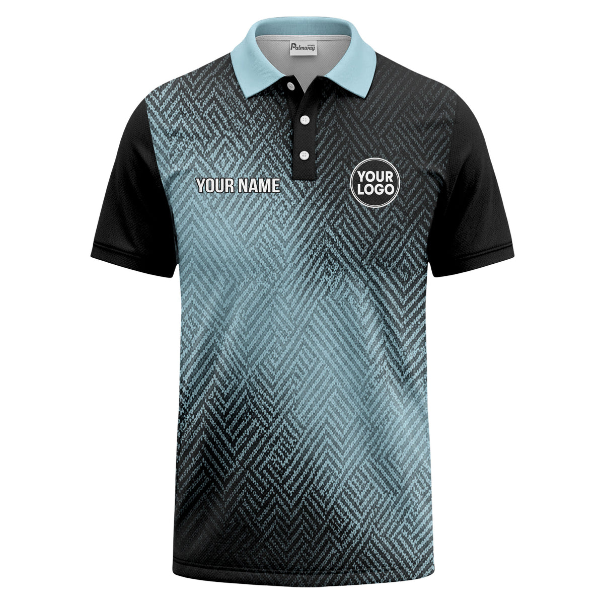 Custom Black & Light Blue Geometric Chevron Texture Print Short Sleeve Polo Shirt - Personalized Name & Logo Golf Polo