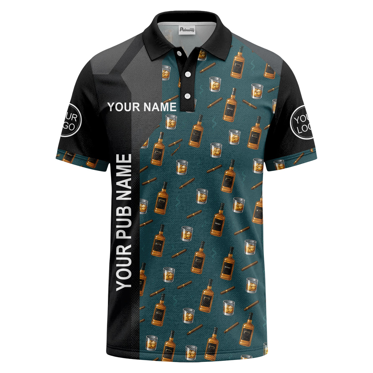 Custom Whiskey & Cigar Polo Shirt – Personalized Pub Name & Logo, Available in Custom Colorways