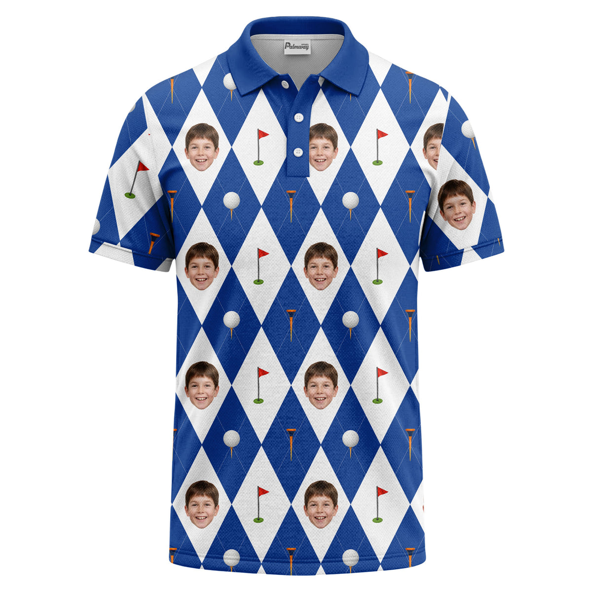 Custom Face Blue & White Argyle Diamond Print Short Sleeve Polo Shirt - Personalized Face & Photo Golf Polo