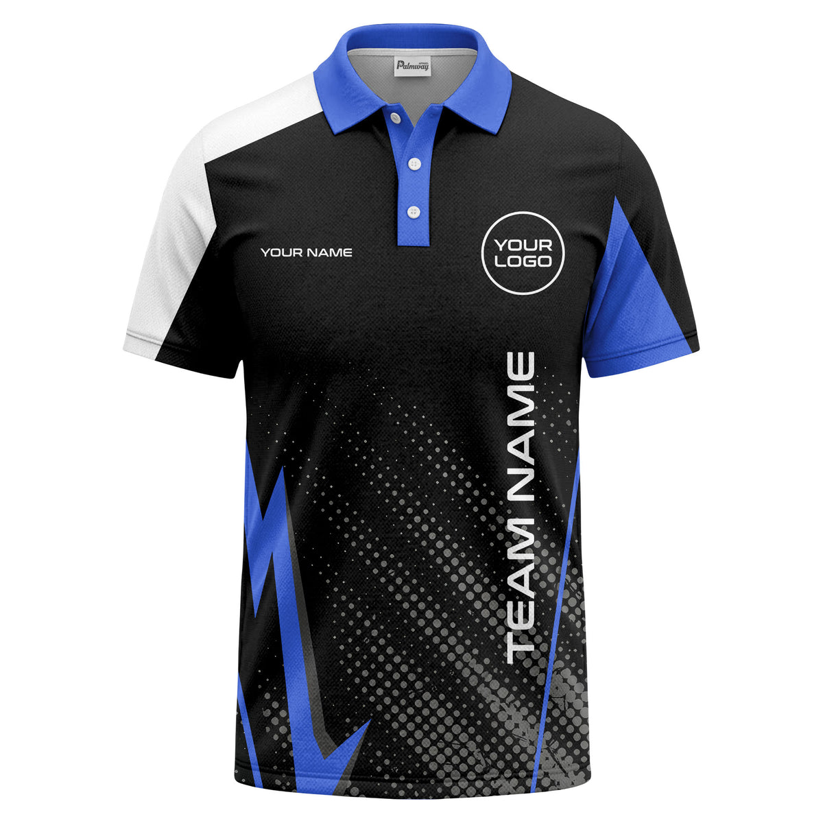 Custom Black, Blue & White Halftone Dot Lightning Graphic Short Sleeve Polo Shirt - Personalized Name & Logo Athletic Golf Polo