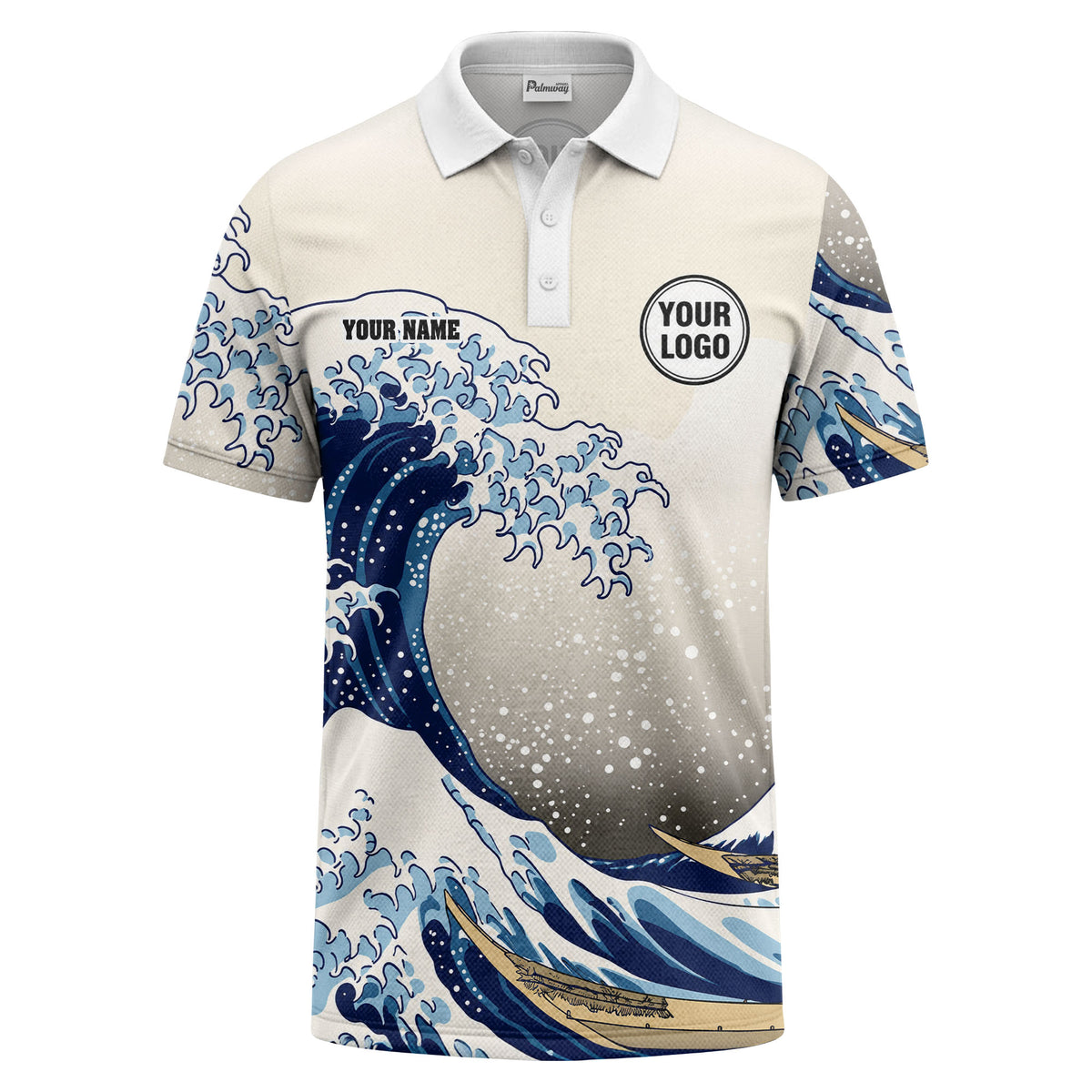 Custom Japanese Great Wave Off Kanagawa Print Short Sleeve Polo Shirt - Personalized Name &amp; Logo Graphic Golf Polo