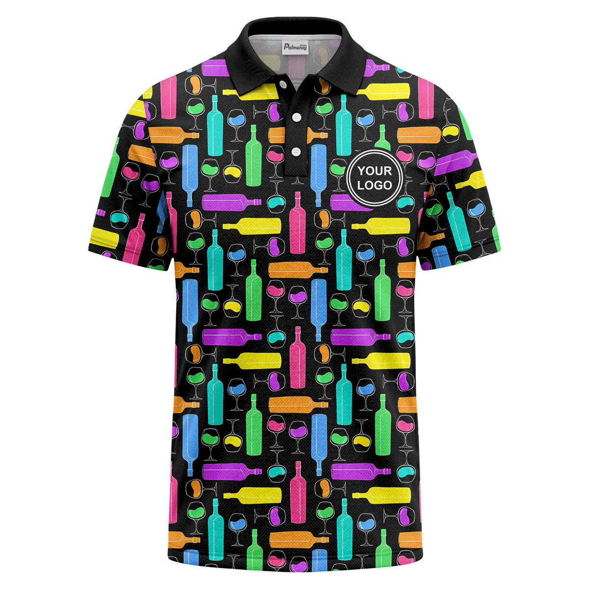 Custom Colorful Wine Bottle Print Polo Shirt – Personalized Logo Party Apparel For Wine Bar Uniform & Wine Club Wear
