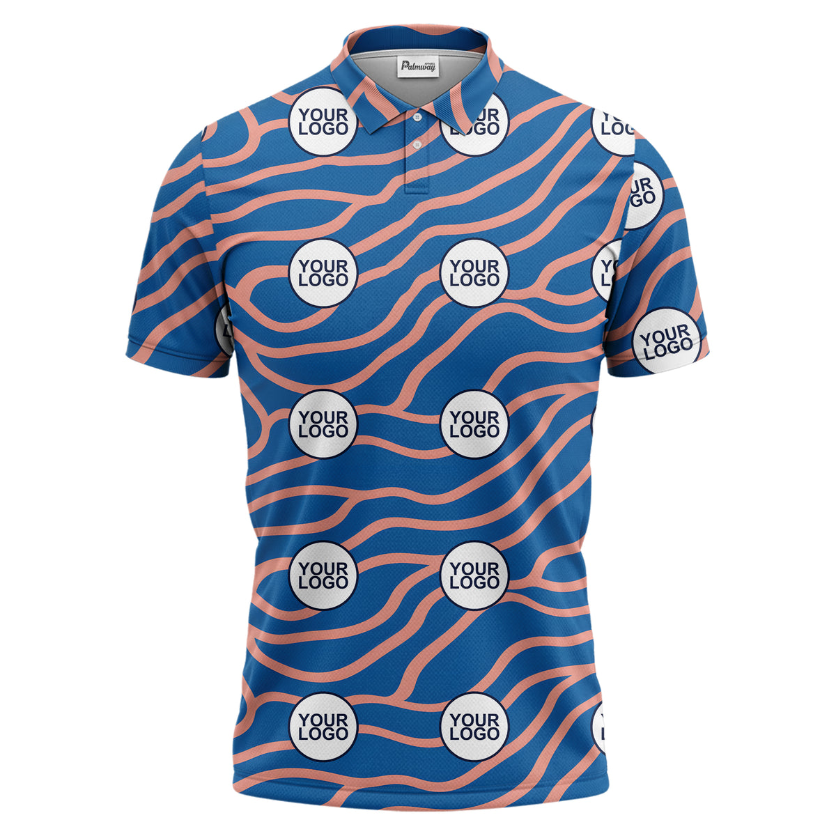 Custom Logo Blue & Coral Wavy Pattern Polo Shirt – Personalized Team & Business Uniform
