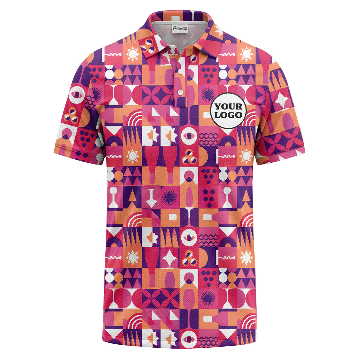 Custom Retro Geometric Polo Shirt – Personalized Logo in Pink, Purple & Orange