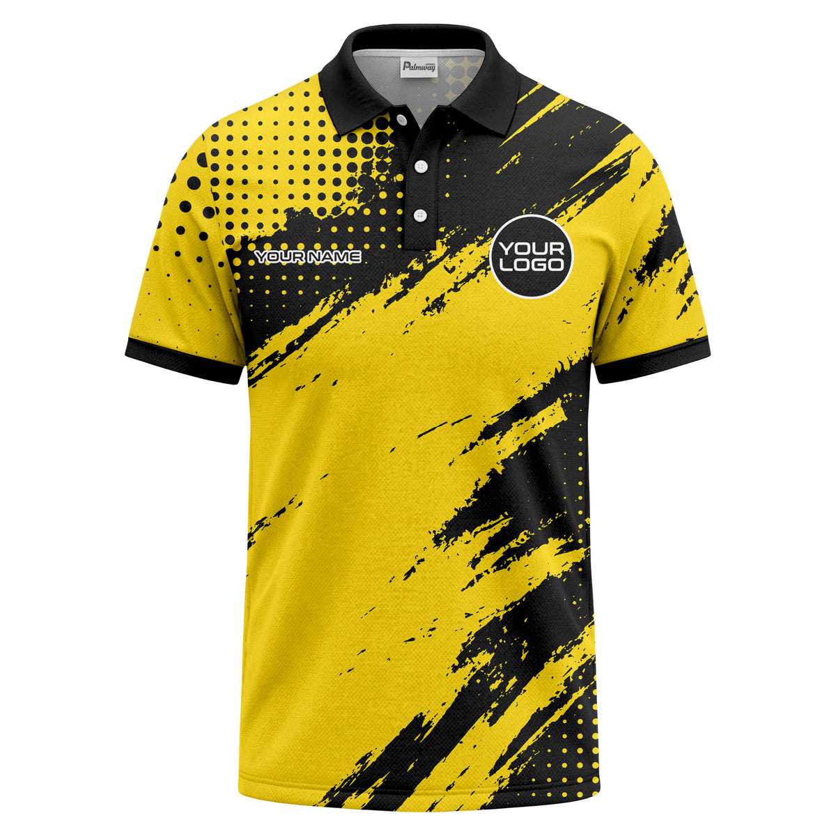 Custom Grunge Brush Stroke Golf Polo Shirt with Logo – Personalized Yellow Black Team & Tournament Golf Shirt