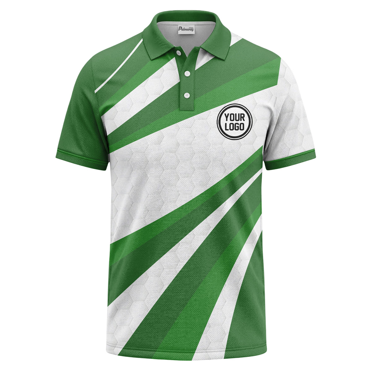 Custom Green & White Diagonal Stripe Sunburst Print Short Sleeve Polo Shirt - Personalized Text & Logo Athletic Golf Polo