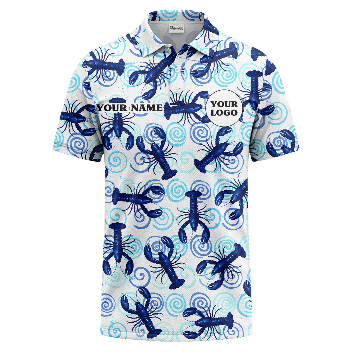 Custom Name & Logo Lobster Polo Shirt – Seafood Restaurant & Team Uniform – Multicolor Ocean Swirl Pattern
