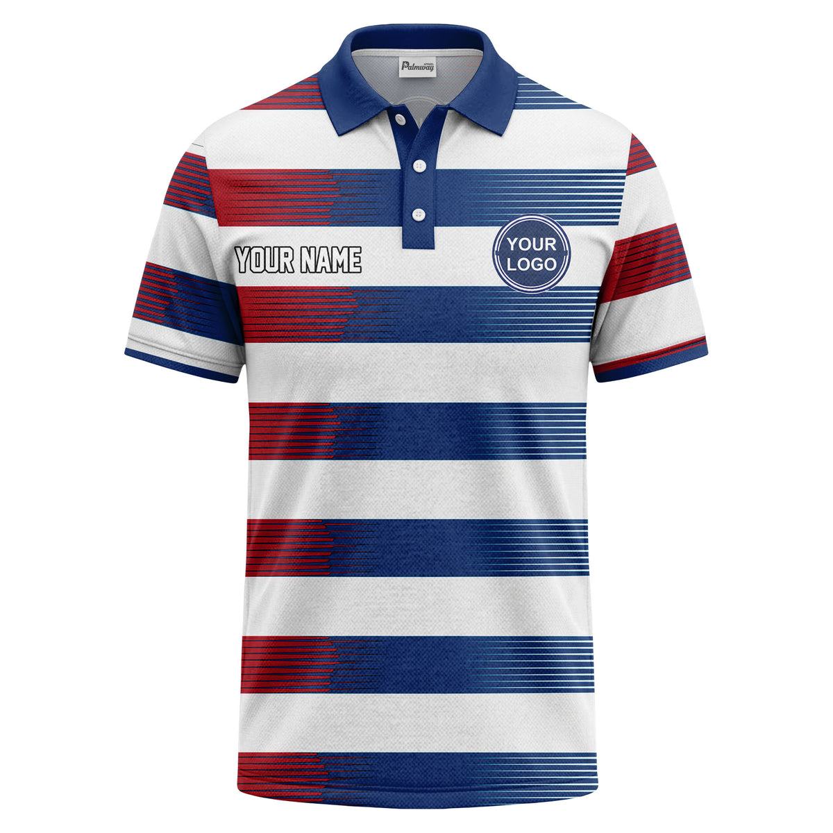 Custom Red, White & Blue Gradient Horizontal Stripe Print Short Sleeve Polo Shirt - Personalized Name & Logo Athletic Golf Polo