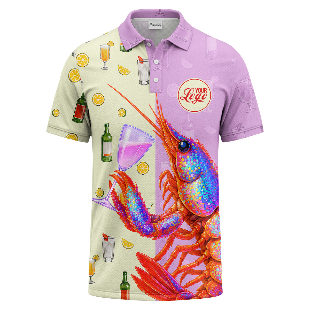 Custom Logo Lobster Polo Shirt – Seafood Restaurant & Bar Uniform – Multicolor Lobster and Cocktail Pattern