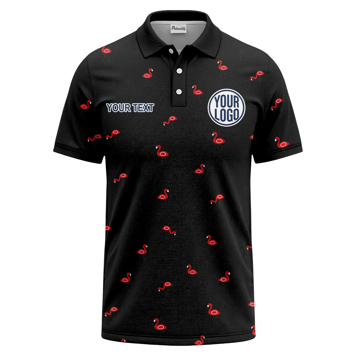 Custom Flamingo Polo Shirt — Black Tropical Print with Personalized Logo & Text