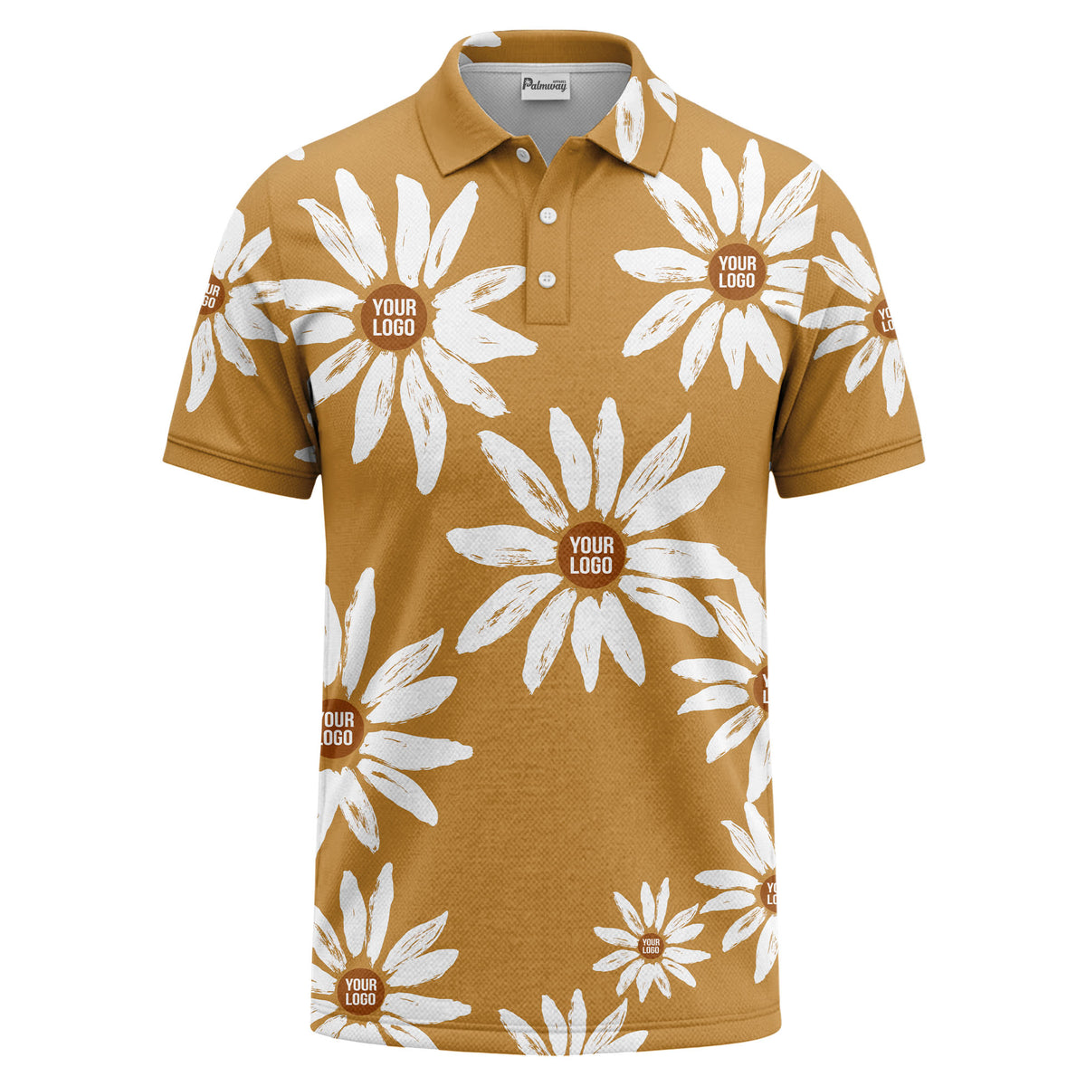 Custom Floral Polo Shirt – Mustard Gold & White Daisy Pattern Personalized Logo Polo