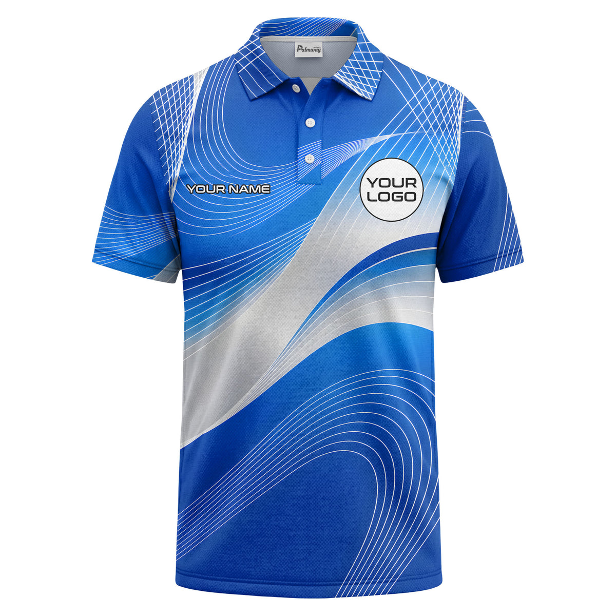 Custom Blue & White Abstract Curved Wave Pattern Short Sleeve Polo Shirt - Personalized Name & Logo Athletic Golf Polo