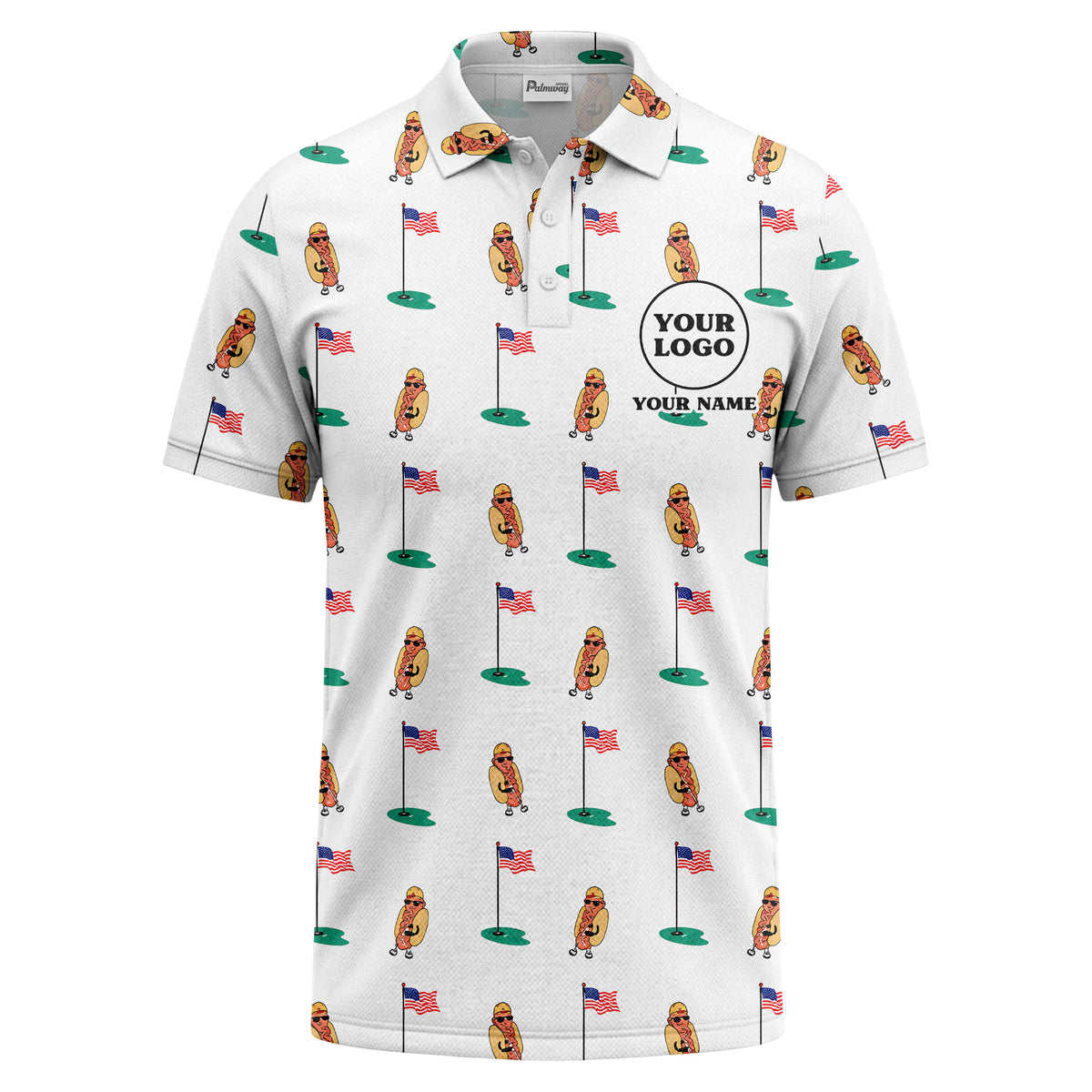 Custom Hot Dog & American Golf Flag Polo Shirt — American Flag Print with Personalized Logo & Name