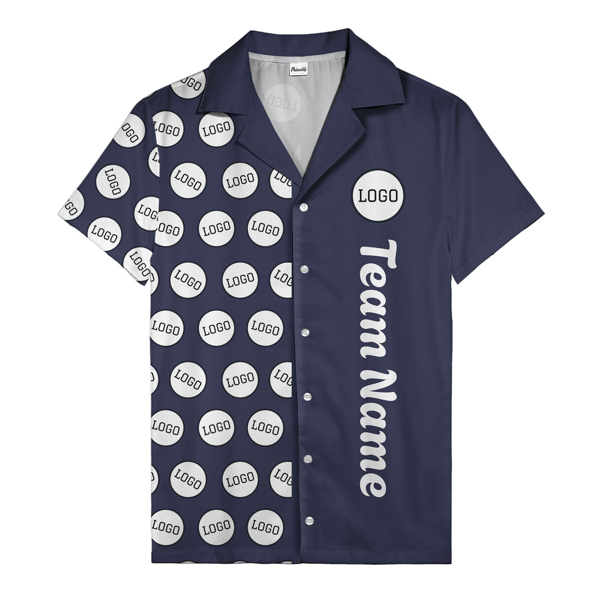 circle logo columns & team name text graphic black white hawaiian shirt