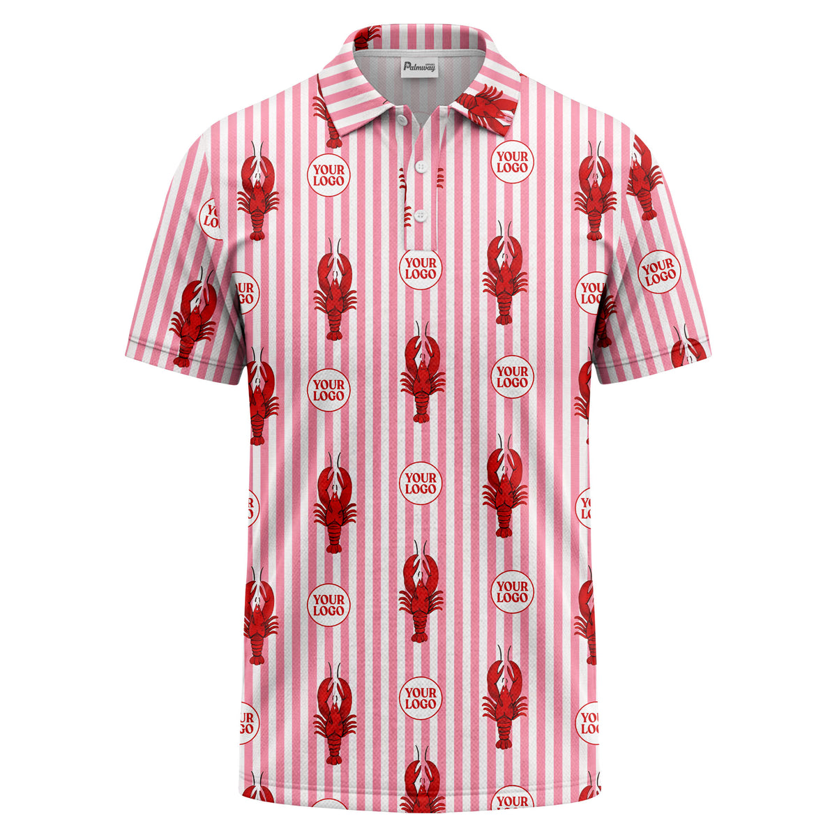 Custom Name & Logo Pink Lobster Stripe Polo Shirt – Seafood Restaurant & Team Uniform