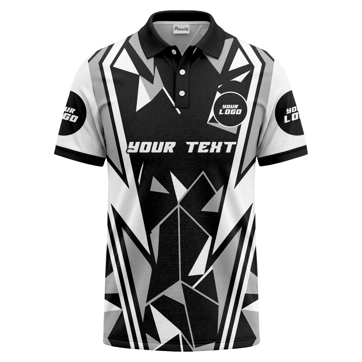 Custom Black, Grey & White Abstract Geometric Low-Poly Polygon Print Short Sleeve Polo Shirt - Personalized Text & Logo Athletic Golf Polo