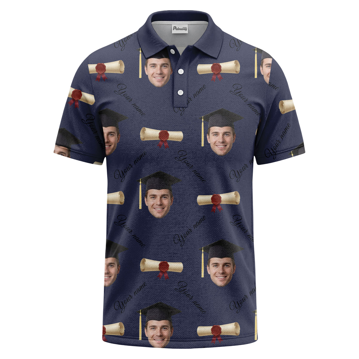 graduation caps & diploma scrolls over personalized faces polo shirt