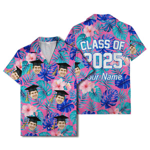 graduation caps tossed over hibiscus blooms on monstera hawaiian shirt