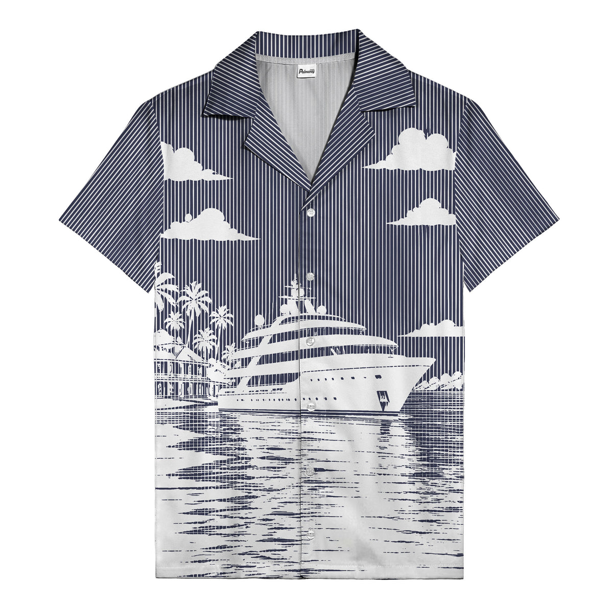 luxury yacht & palm trees tropical beach scene hawaiian shirt
