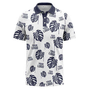 monstera leaves & custom logo repeat black white hawaiian polo shirt