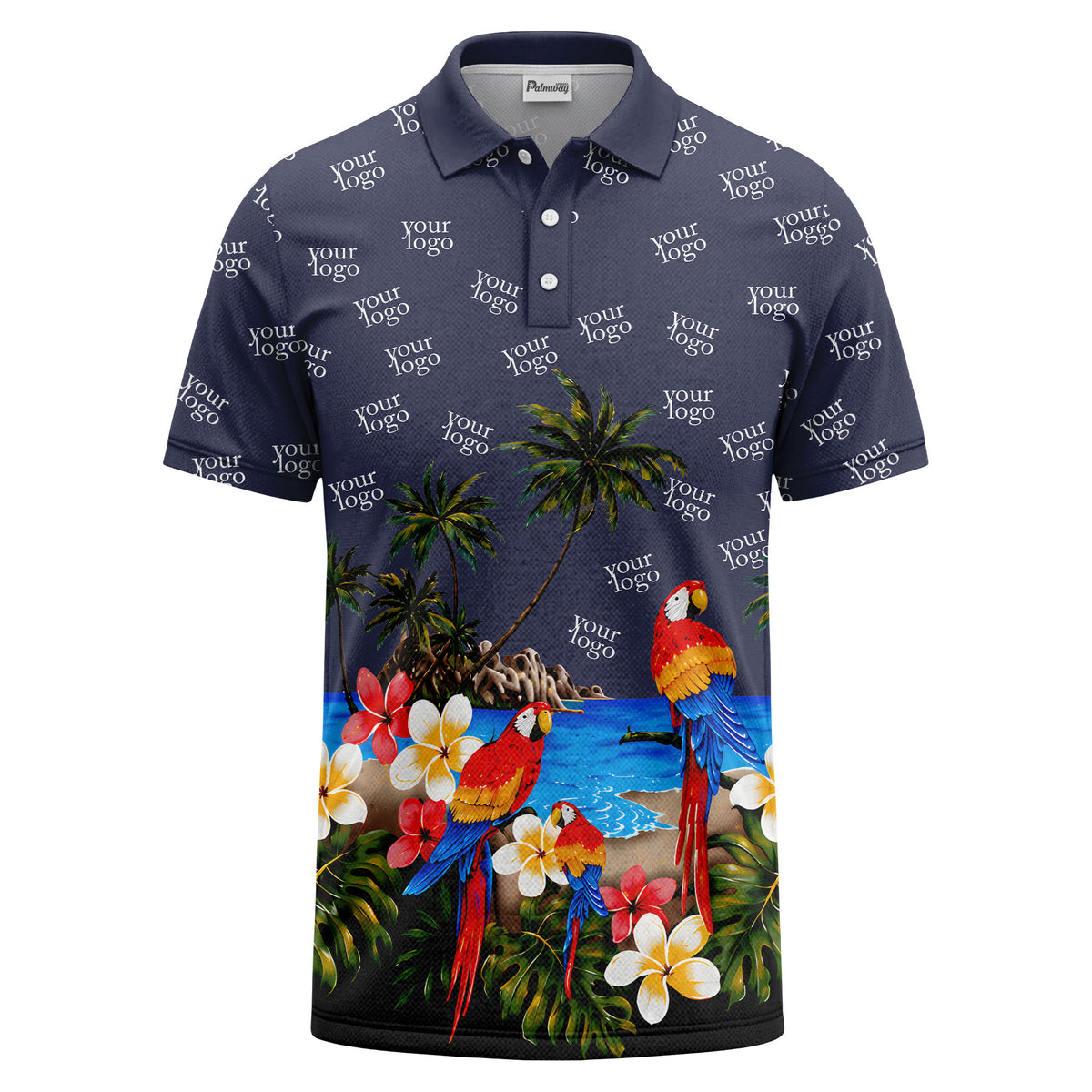 parrot palm plumeria beach watercolor polo shirt