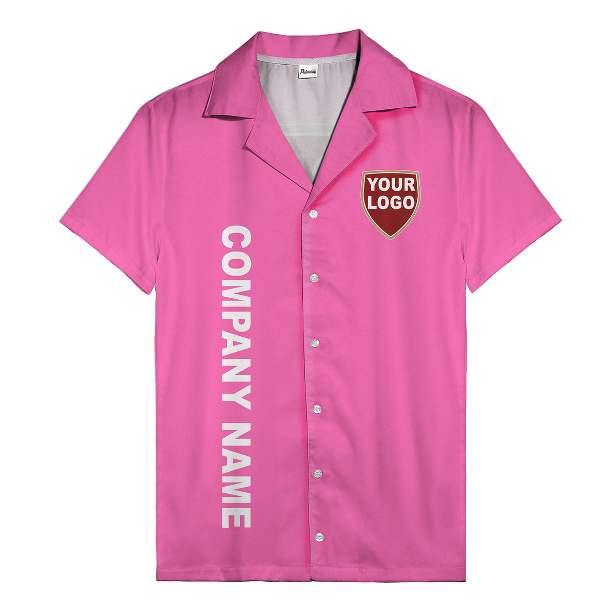 shield logo & vertical text customizable corporate hawaiian shirt