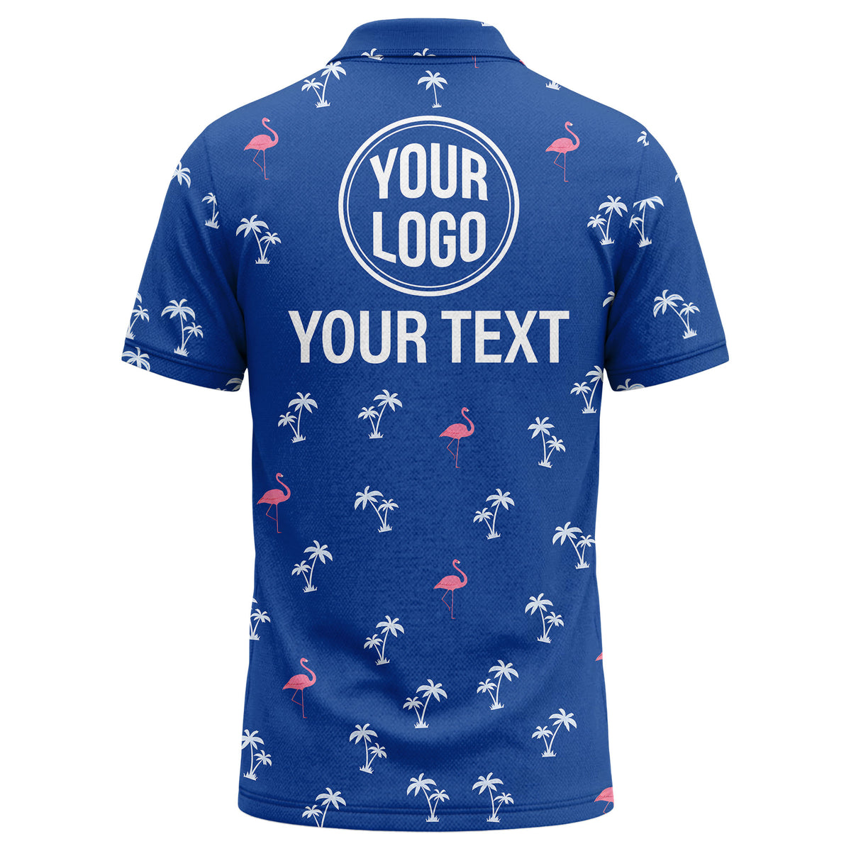 Custom Flamingo & Palm Tree Polo Shirt — Blue Tropical Print with Personalized Logo & Text