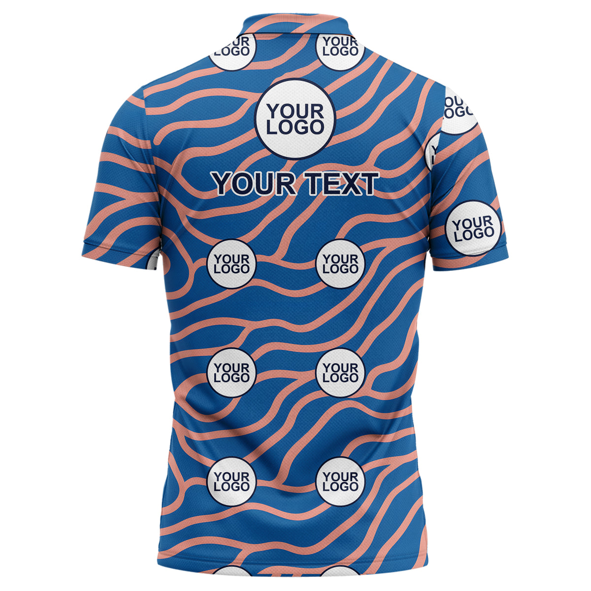 Custom Logo Blue & Coral Wavy Pattern Polo Shirt – Personalized Team & Business Uniform