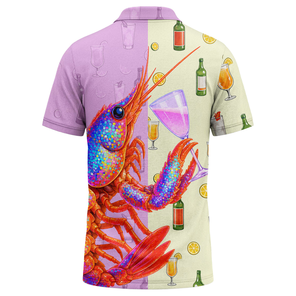 Custom Logo Lobster Polo Shirt – Seafood Restaurant & Bar Uniform – Multicolor Lobster and Cocktail Pattern