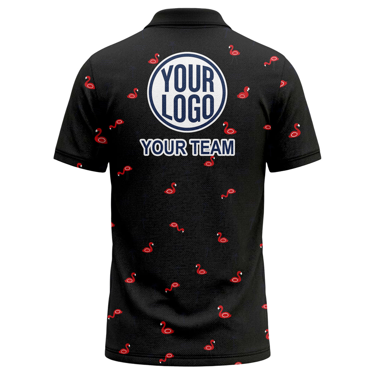 Custom Flamingo Polo Shirt — Black Tropical Print with Personalized Logo & Text