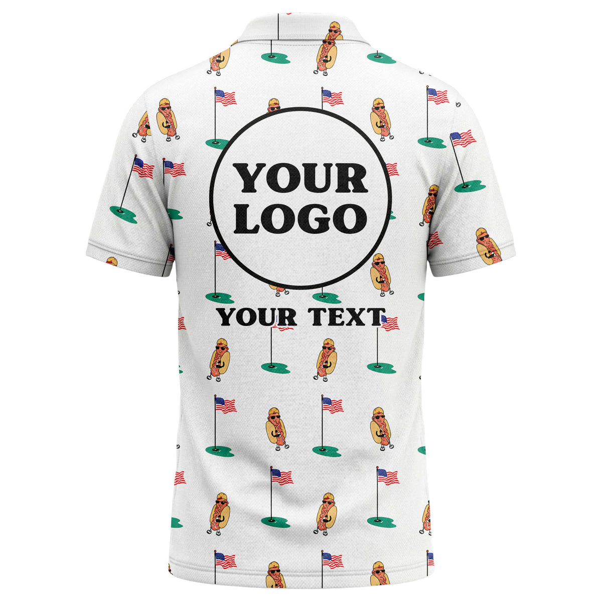 Custom Hot Dog & American Golf Flag Polo Shirt — American Flag Print with Personalized Logo & Name