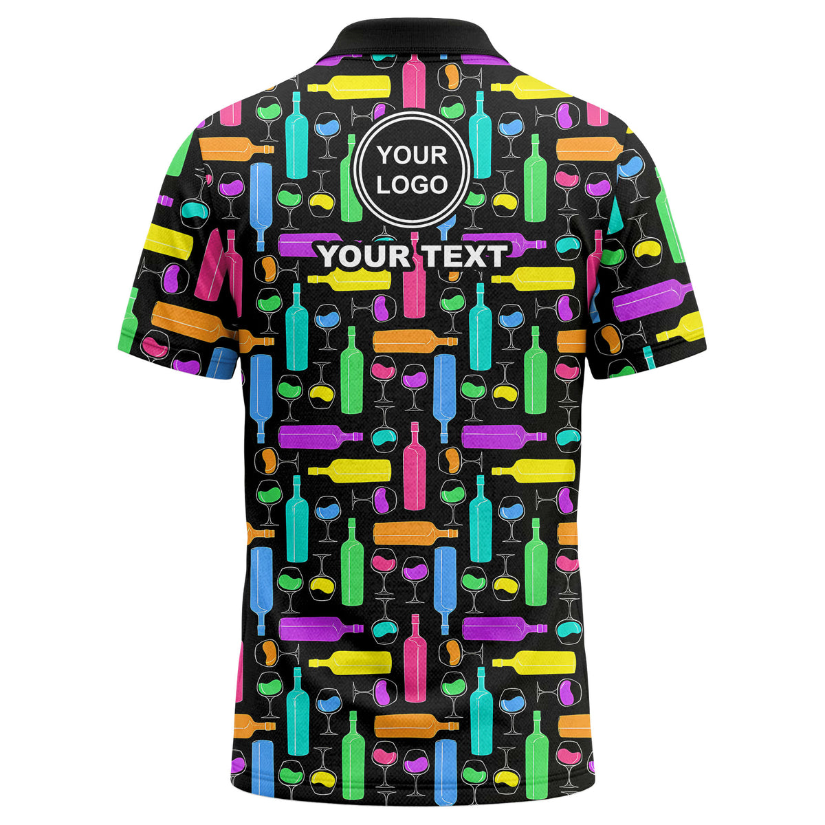Custom Colorful Wine Bottle Print Polo Shirt – Personalized Logo Party Apparel For Wine Bar Uniform & Wine Club Wear