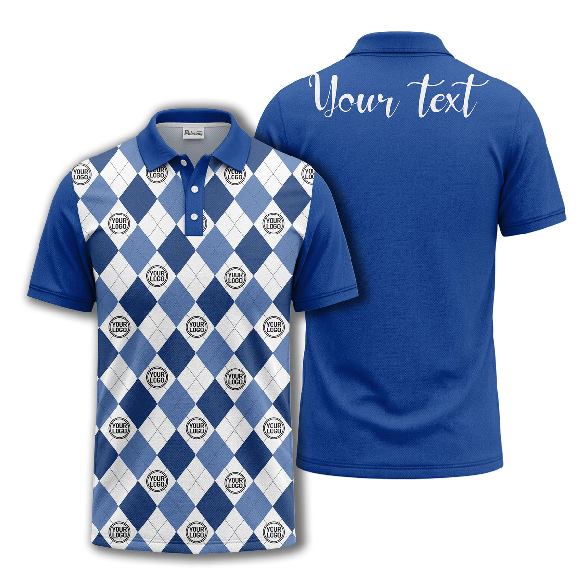 black white argyle diamond repeat pattern polo shirt with custom logo