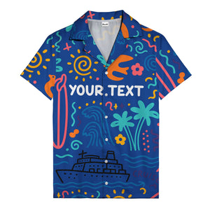 cartoon cruise ship palm trees surfboards wave hawaiian shirt