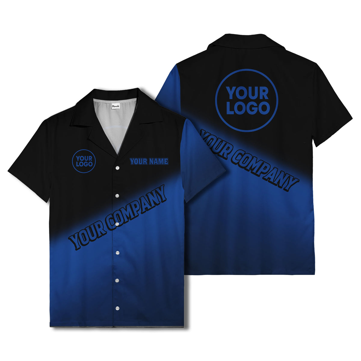 custom logo gradient black white corporate hawaiian shirt