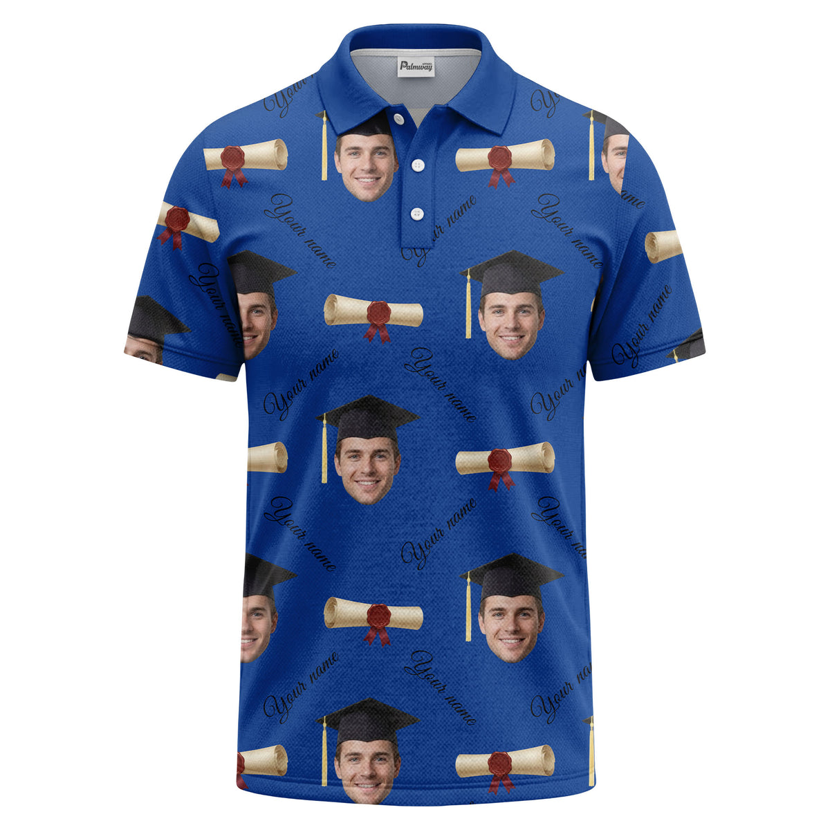 graduation caps & diploma scrolls over personalized faces polo shirt