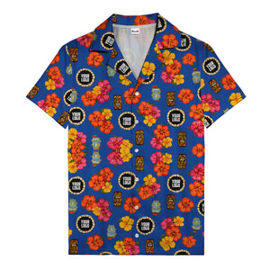 hibiscus & tiki masks all-over print hawaiian shirt for beach getaway