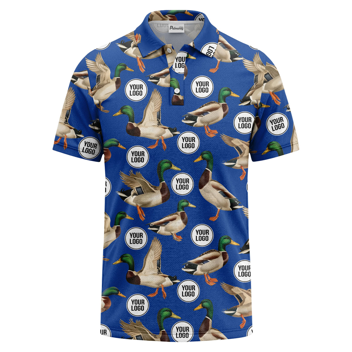 mallard duck flock & custom logo repeat photorealistic polo shirt