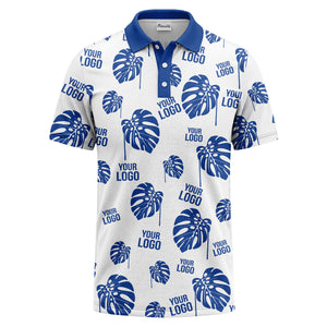 monstera leaves & custom logo repeat black white hawaiian polo shirt
