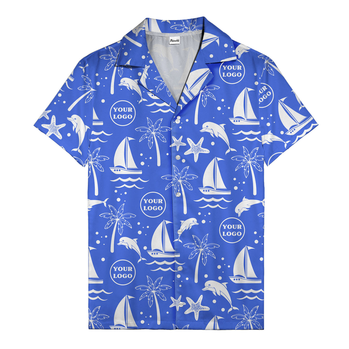 sailboats dolphins palm trees starfish repeat pattern black white hawaiian shirt