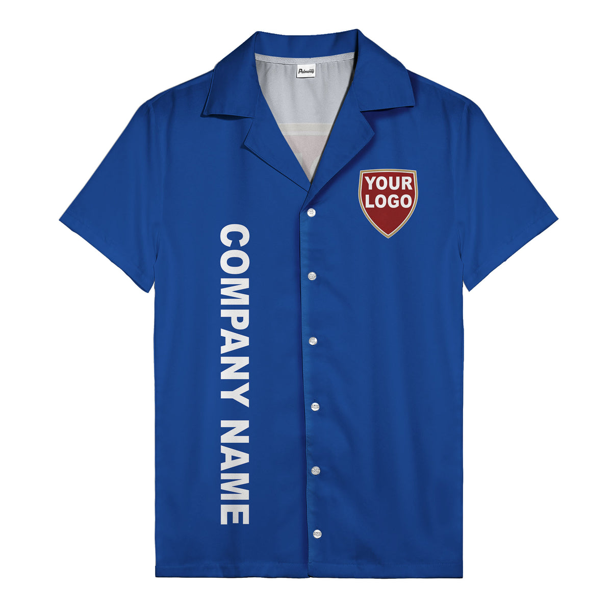 shield logo & vertical text customizable corporate hawaiian shirt