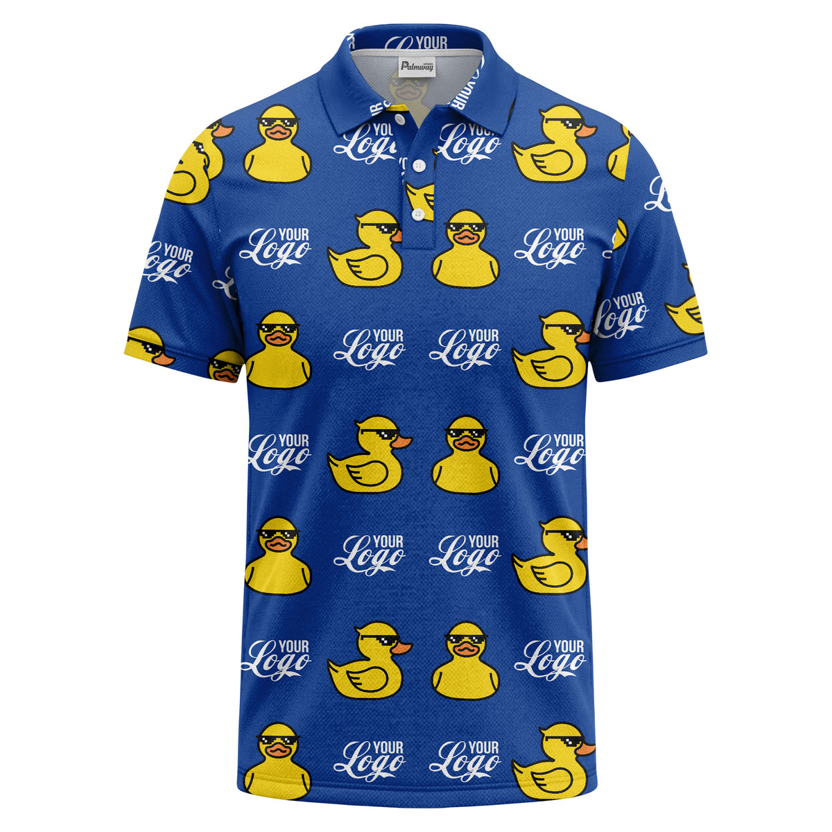 sunglasses rubber duck repeat pattern black yellow fun cartoon golf polo shirt