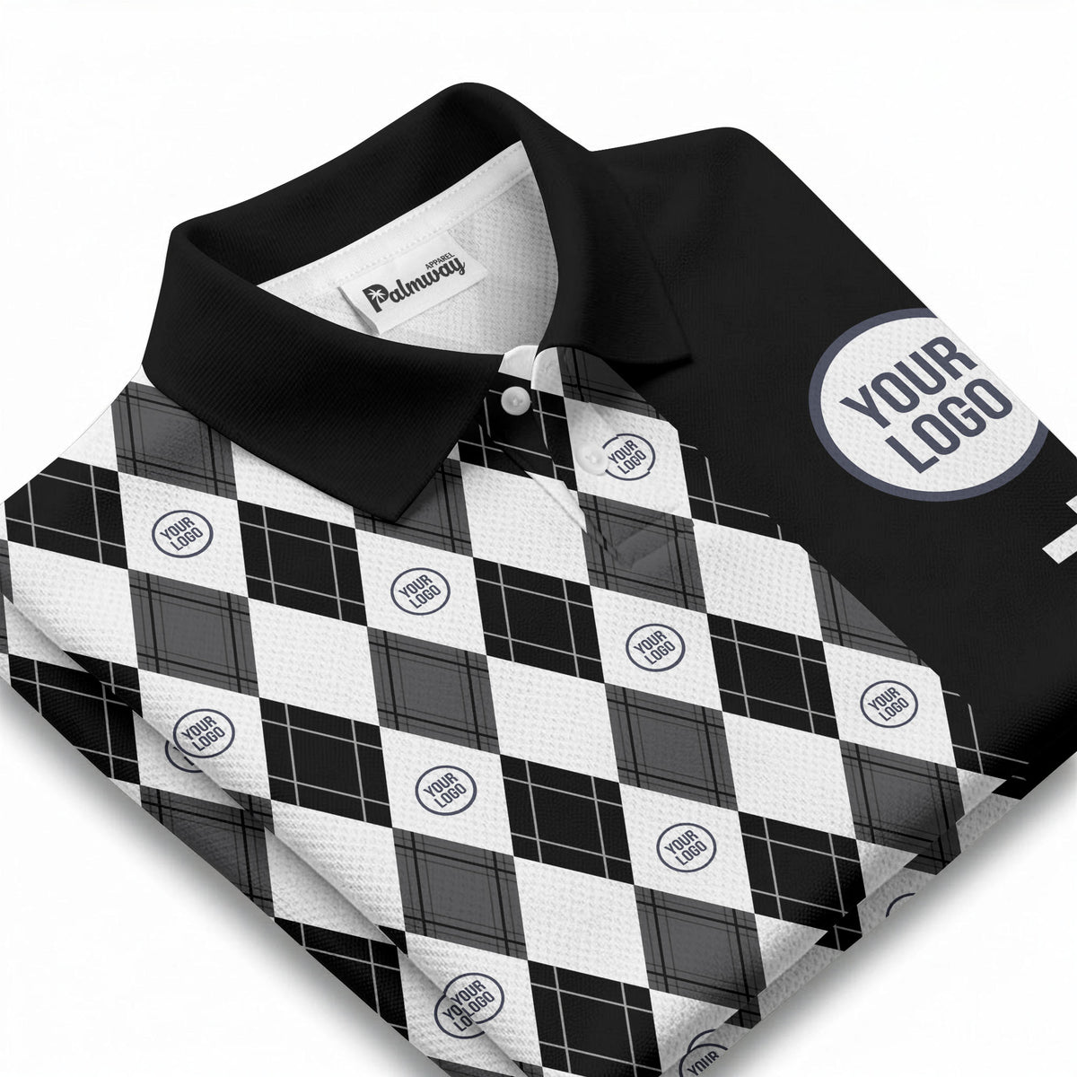 argyle diamond black white polo shirt with custom team logo for men