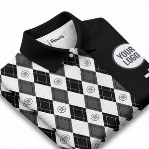 argyle diamond black white polo shirt with custom team logo for men