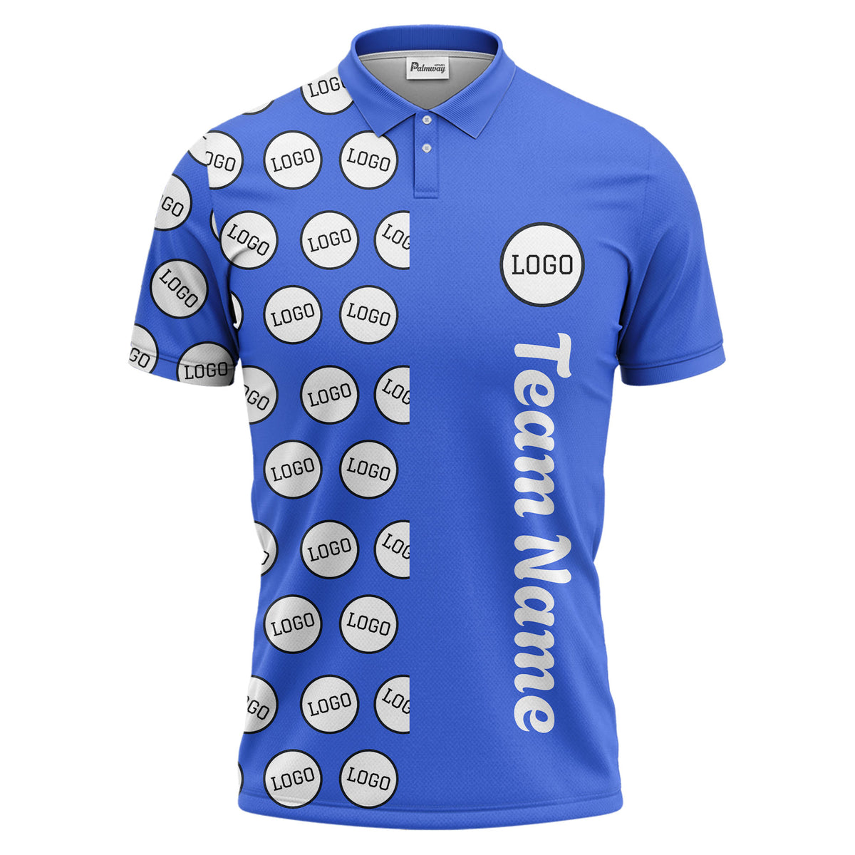custom team logo polka dot repeat black & white polo shirt for men