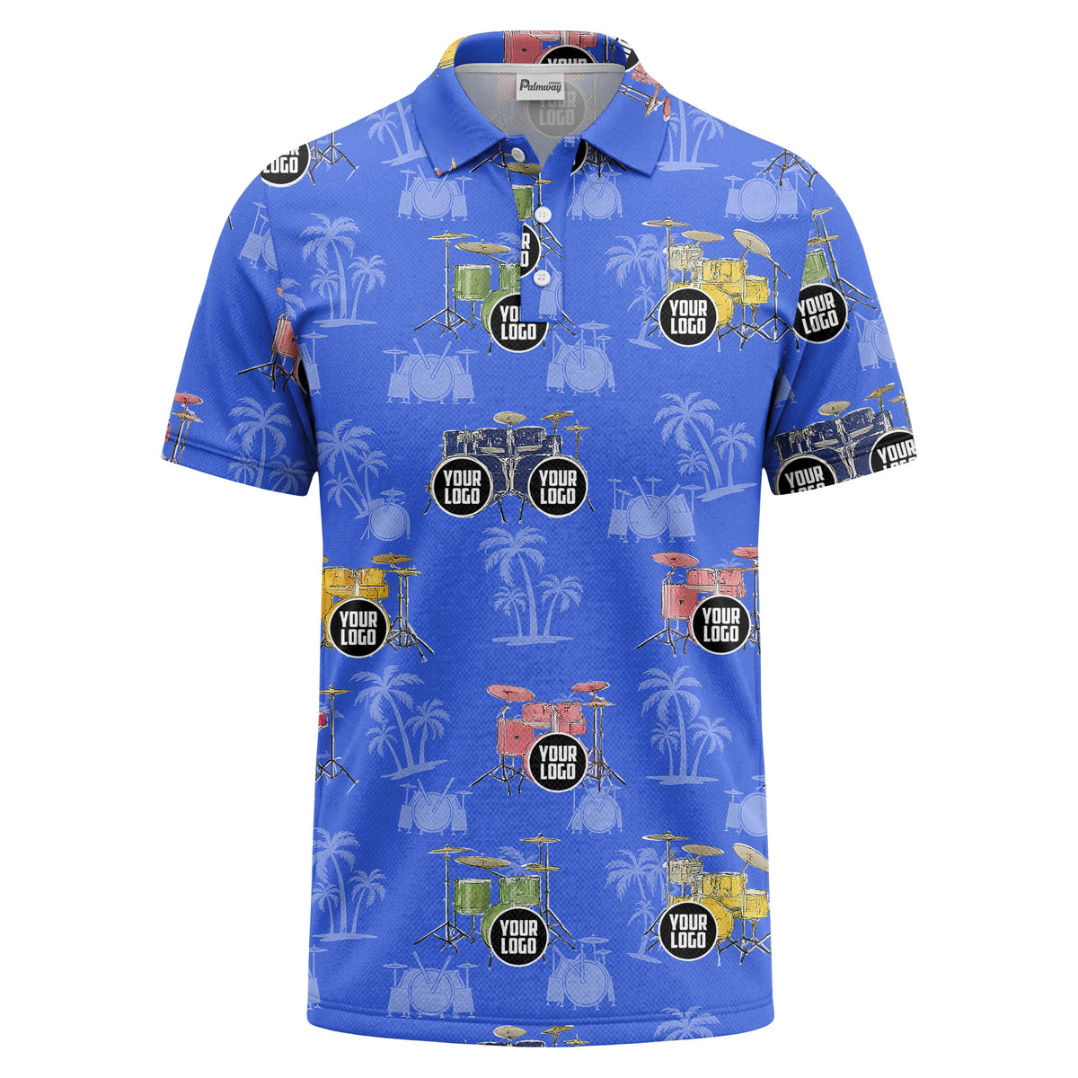 drum kit & palm tree repeat rock band polo shirt for men