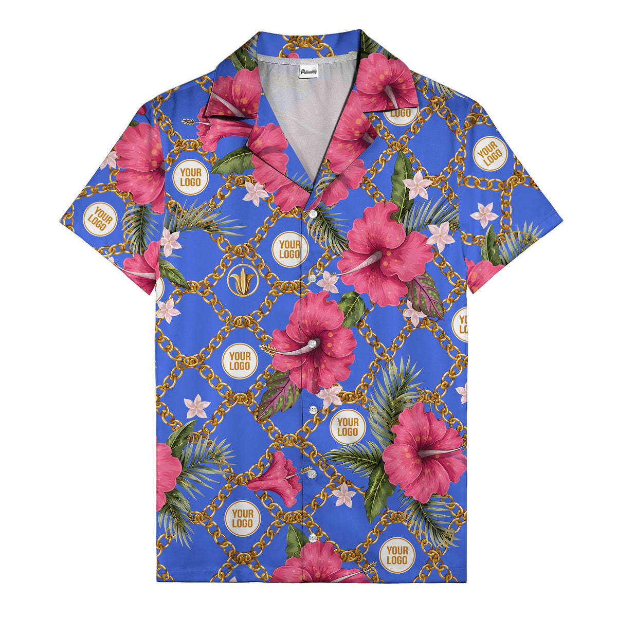 gold chain & pink hibiscus watercolor hawaiian shirt for men