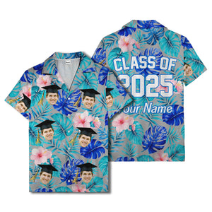 graduation caps tossed over hibiscus blooms on monstera hawaiian shirt